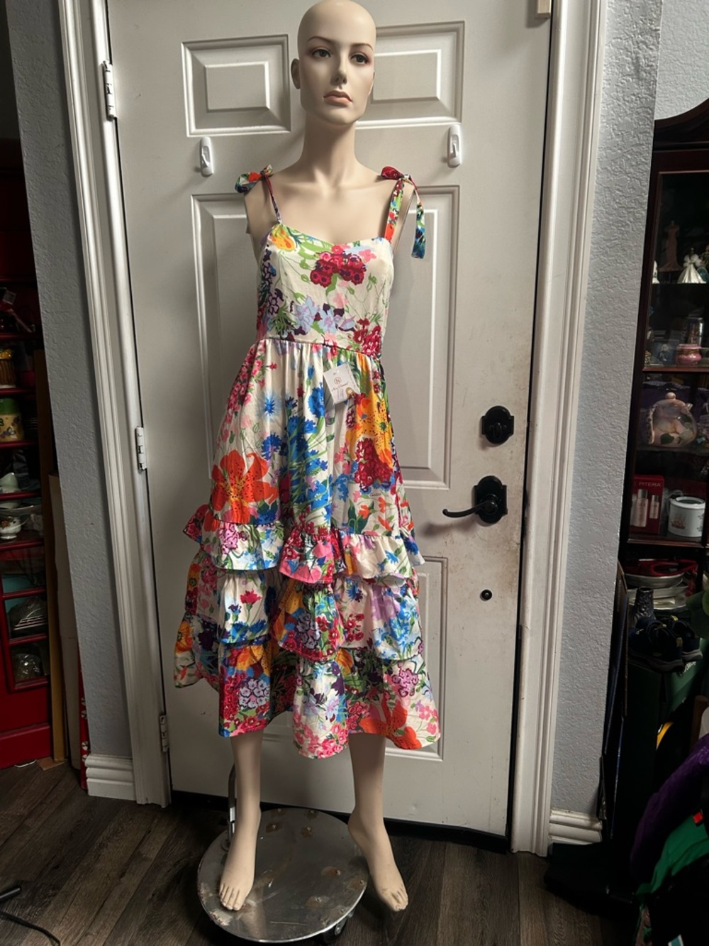 Floral Tiered Midi Sundress with Tie Straps - Multicolor